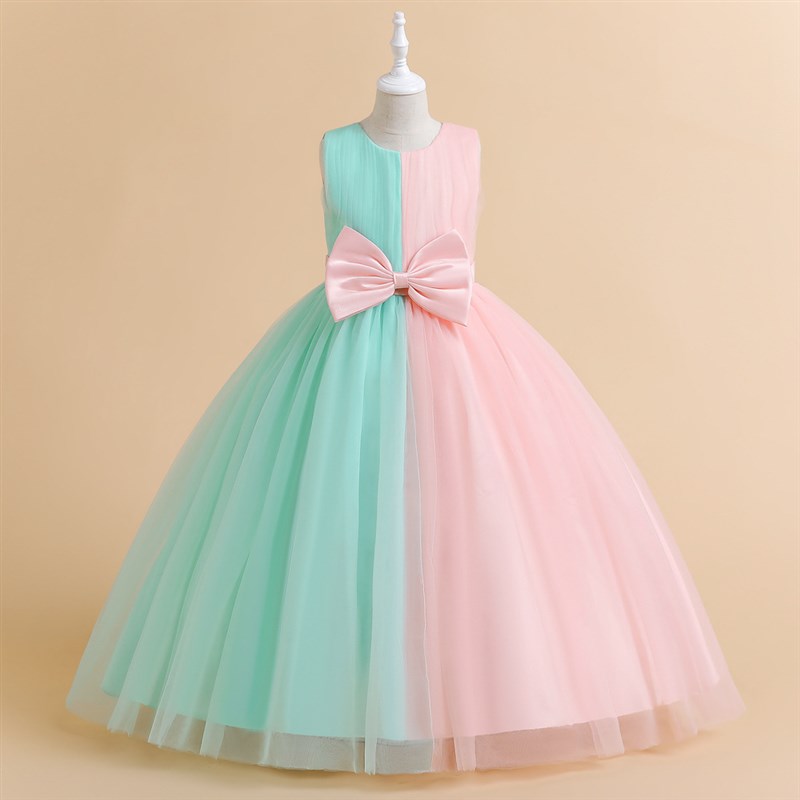 儿童长款婚纱礼服拼色蓬蓬网纱公主裙女童六一演出服绿色无袖裙子