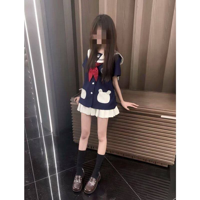 女童气质可爱百搭百褶裙制服夏装中大童夏季新款撞色短袖两件套装