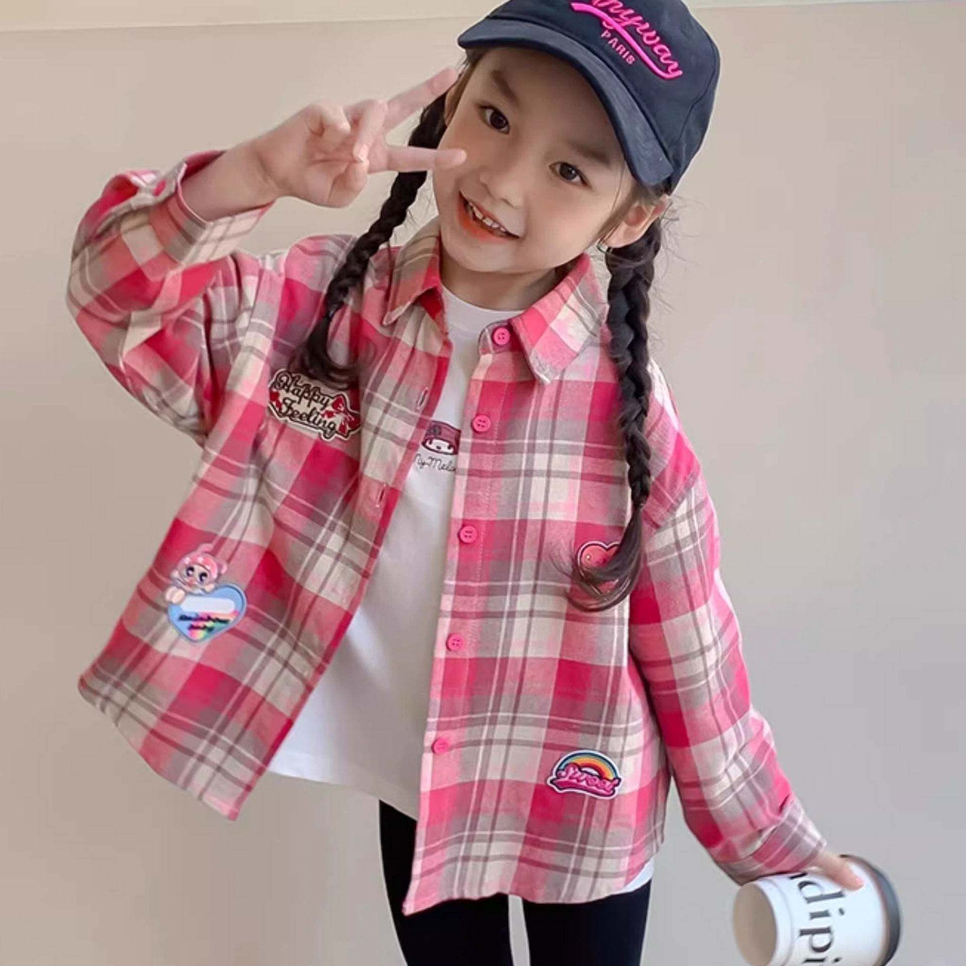 女童春秋卡通衬衣上衣中大童春秋新款拼色排扣格子衬衫春装外套