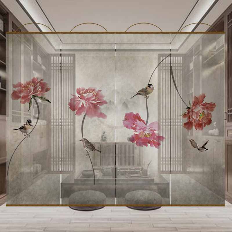 半透明莲花茶室透景屏风纱中式卷帘隔断帘挂帘窗帘透光纱帘
