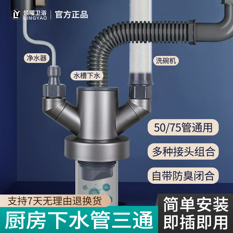 适用于九牧摩恩厨房下水管道三通洗菜盆水槽洗碗机净水器多功能防