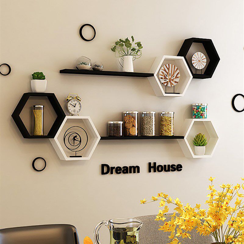 全实木墙上置物架免打孔壁挂墙面电视背景墙装饰架客厅墙壁隔板架