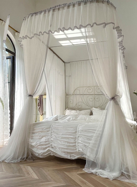 2021新品u型导轨日式蚊帐三开门家用白色加厚加密褶皱1.8m床1.5米