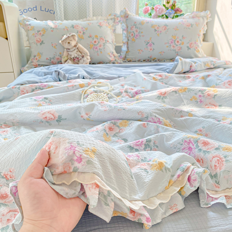 韩式双层花边夏被空调被夏季女生夏凉被非全棉纯棉被子被芯可机洗