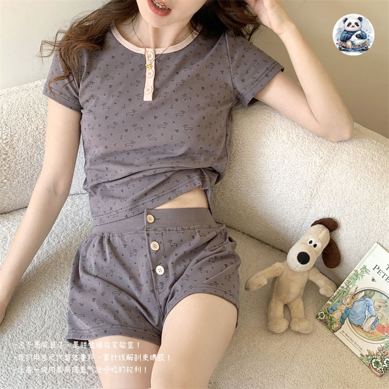 夏季仿棉甜美腊肠狗女睡衣套装