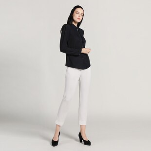 靓诺职业衬衫设计感秋冬藏蓝色压褶立领修身气质高档衬衣LC17312A