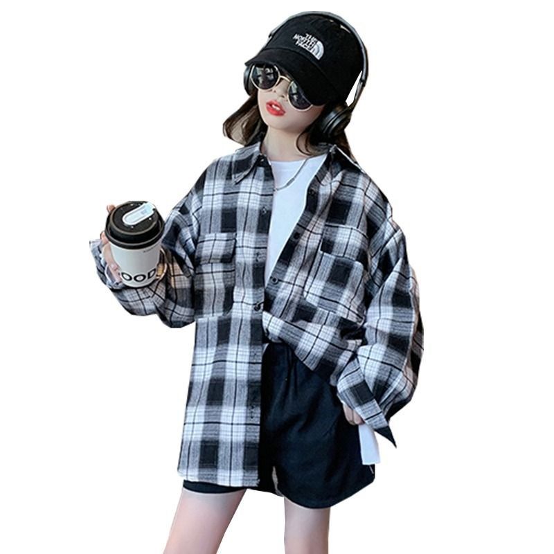 女童格子衬衫春秋款2024新款洋气儿童春季上衣女大童春装长袖衬衣