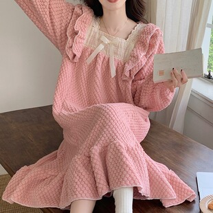 公主风睡裙女秋冬季2023新款甜美加厚珊瑚绒睡衣长版法兰绒家居服