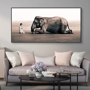 客厅装饰画沙发后面的背景墙壁挂画自然风景黑白艺术卧室床头大象