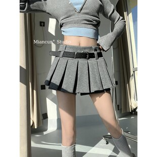 学院风复古防走光百褶裙女秋冬新款低腰显瘦百搭简约毛呢半身短裙