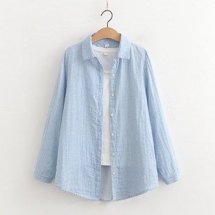 小码160中性小个子男女文艺纯棉条纹打底衬衫双层棉纱长袖衬衣潮