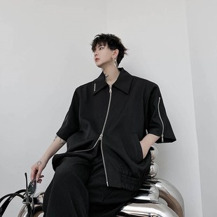 克莱因蓝夹克男外套薄款夏季短袖小众金属拉链设计高级感宽松上衣