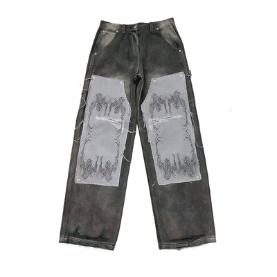 hommemortteam复古vintage水洗破坏染色刺绣双膝knee工装伐木裤