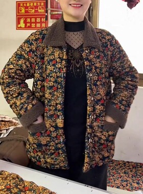 中老年秋冬加绒保暖棉衣妈妈短款花棉袄网红奶奶装防寒加厚棉服女