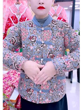 妈妈时尚印花短款棉衣立领保暖加绒加厚冬装棉服上衣外套中老年人