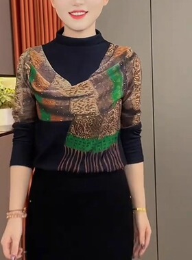 双面德绒打底衫女秋冬新款时尚减龄围巾印花小衫高档内搭上衣网红