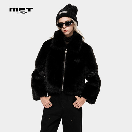 MET initaly麦特美式黑色短外套女冬季新款翻领拉链保暖毛绒夹克