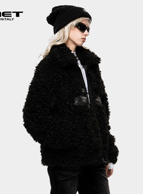 MET initaly皮草外套女中长款冬季新款拉链毛呢外套冬季保暖