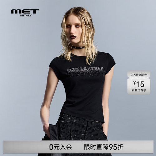 MET initaly夏季字母印花短袖T恤女黑色圆领修身短款上衣简约百搭