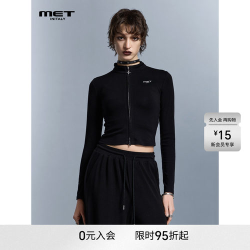 MET initaly早春酷飒风黑色拉链针织开衫女短款修身立领外套