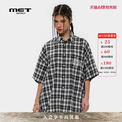 MET initaly复古风格纹潮牌印花衬衫男女同款夏季新款上衣