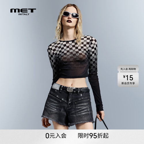MET initaly早春设计感长袖T恤格纹透视网纱上衣女修身显瘦性感