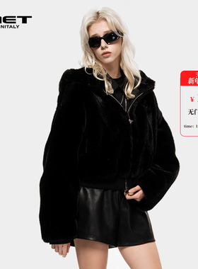 MET initaly麦特美式黑色毛呢连帽短外套女春季新款保暖毛绒上衣