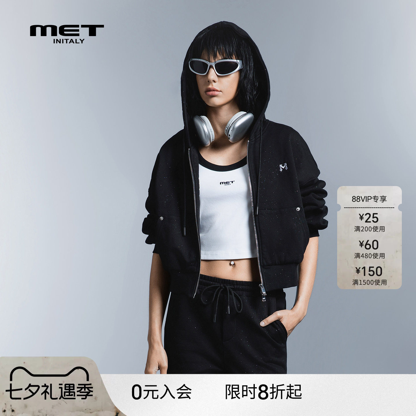 【线上专供】MET initaly字母印花连帽拉链卫衣女潮流运动短外套