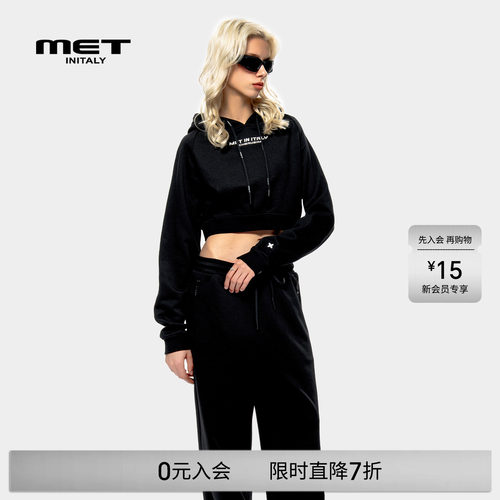 MET initaly麦特美式复古休闲连帽短卫衣女早春新款休闲百搭