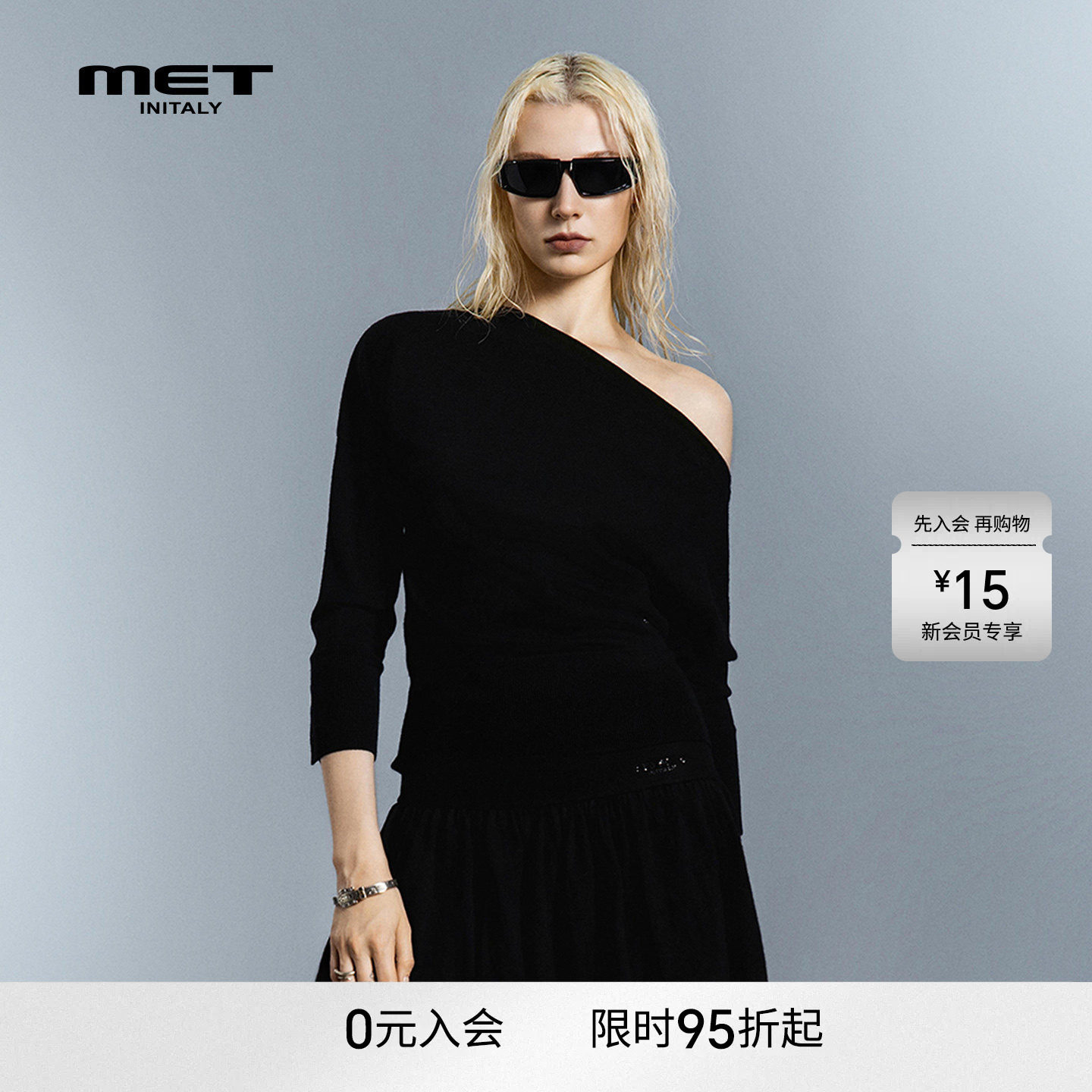 MET initaly麦特黑色单肩露肩针织衫女长袖不对称设计毛衫上衣