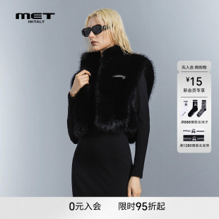 MET initaly黑色立领仿皮草马甲女短款毛绒背心保暖无袖短款外套