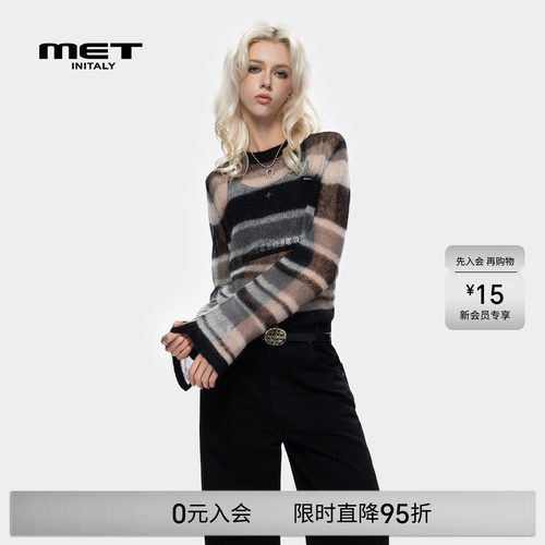 MET initaly美式复古做旧毛衣女早春新款百搭休闲套头针织衫上衣