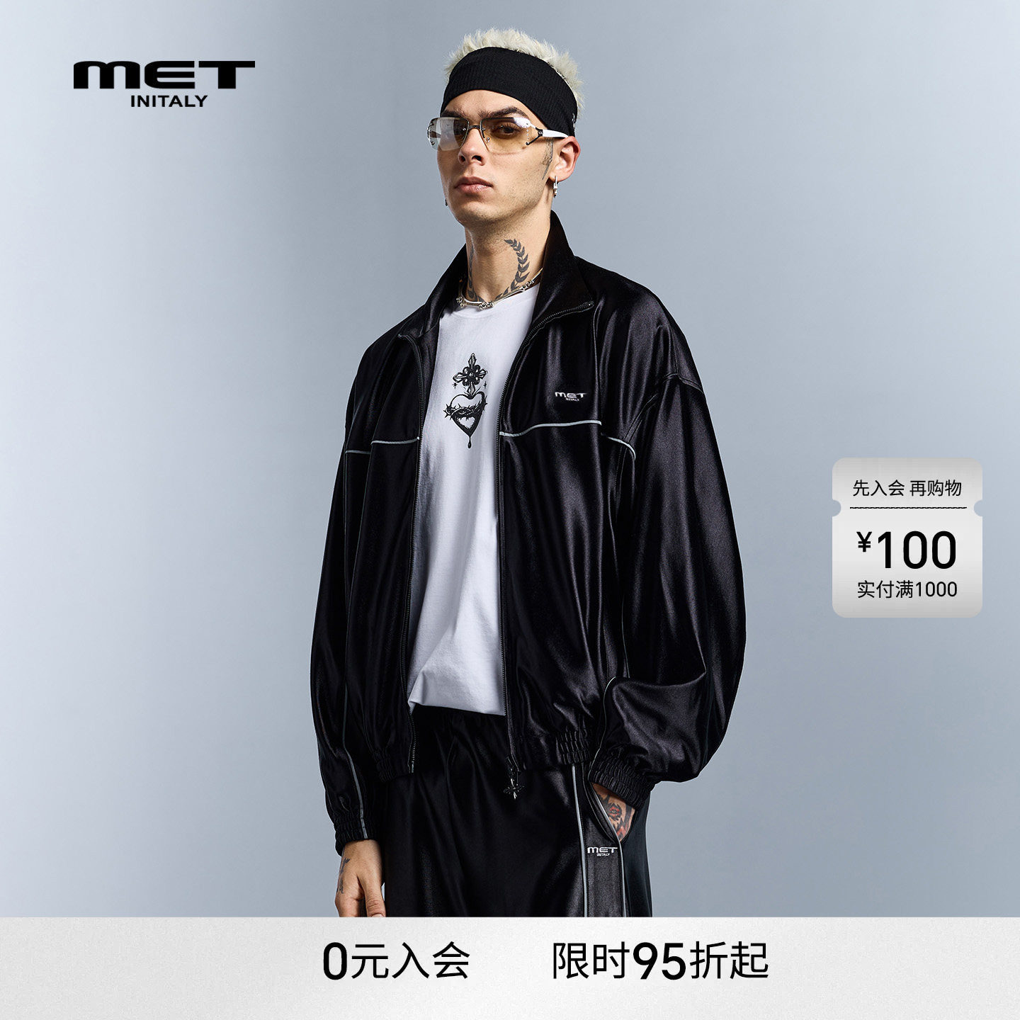 MET initaly早春简约运动风黑色立领夹克男潮流拉链外套高级感