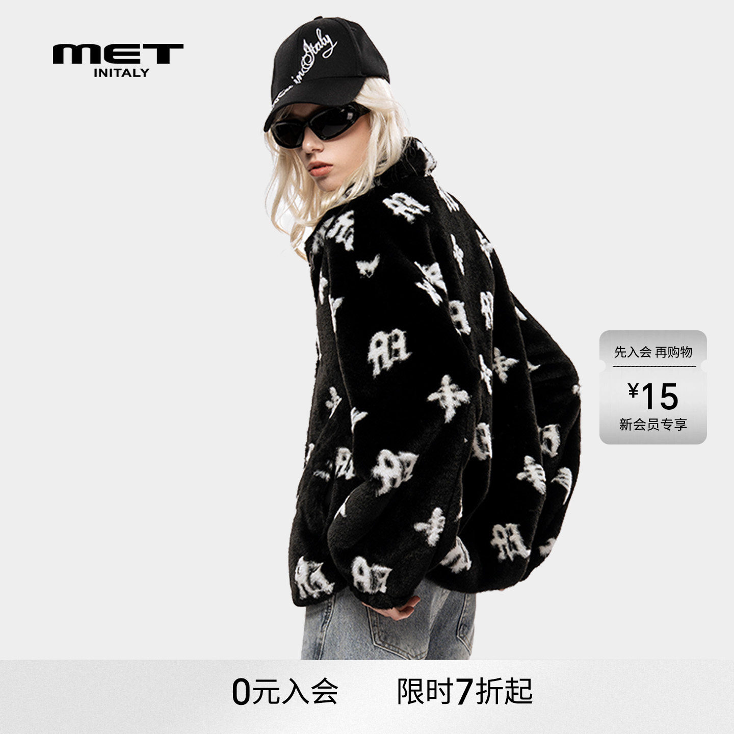 MET initaly美式哥特风满印字母开衫女冬季新款短外套拉链潮牌