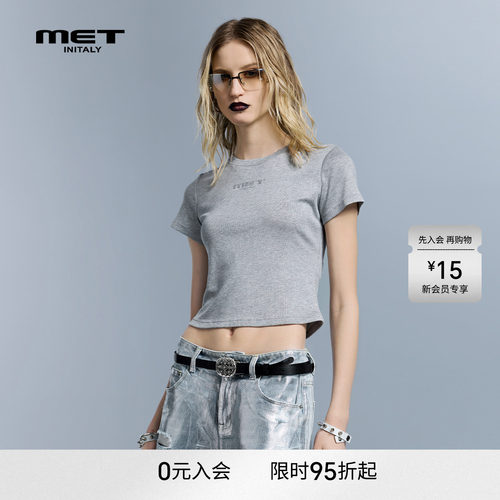 MET initaly夏新款初代灰色短袖T恤女辣妹风修身显瘦短款露脐上衣