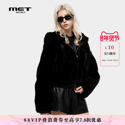 MET initaly麦特美式黑色毛呢连帽短外套女春季新款保暖毛绒上衣
