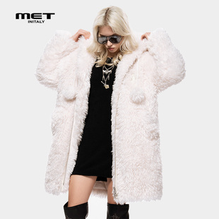 MET initaly白色毛绒外套女冬季连帽拉链中长款宽松毛毛开衫大衣