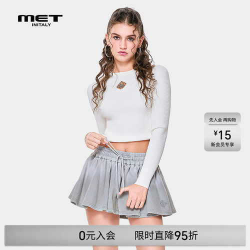MET initaly早春美式辣妹风长袖针织衫女修身露脐短款打底衫上衣