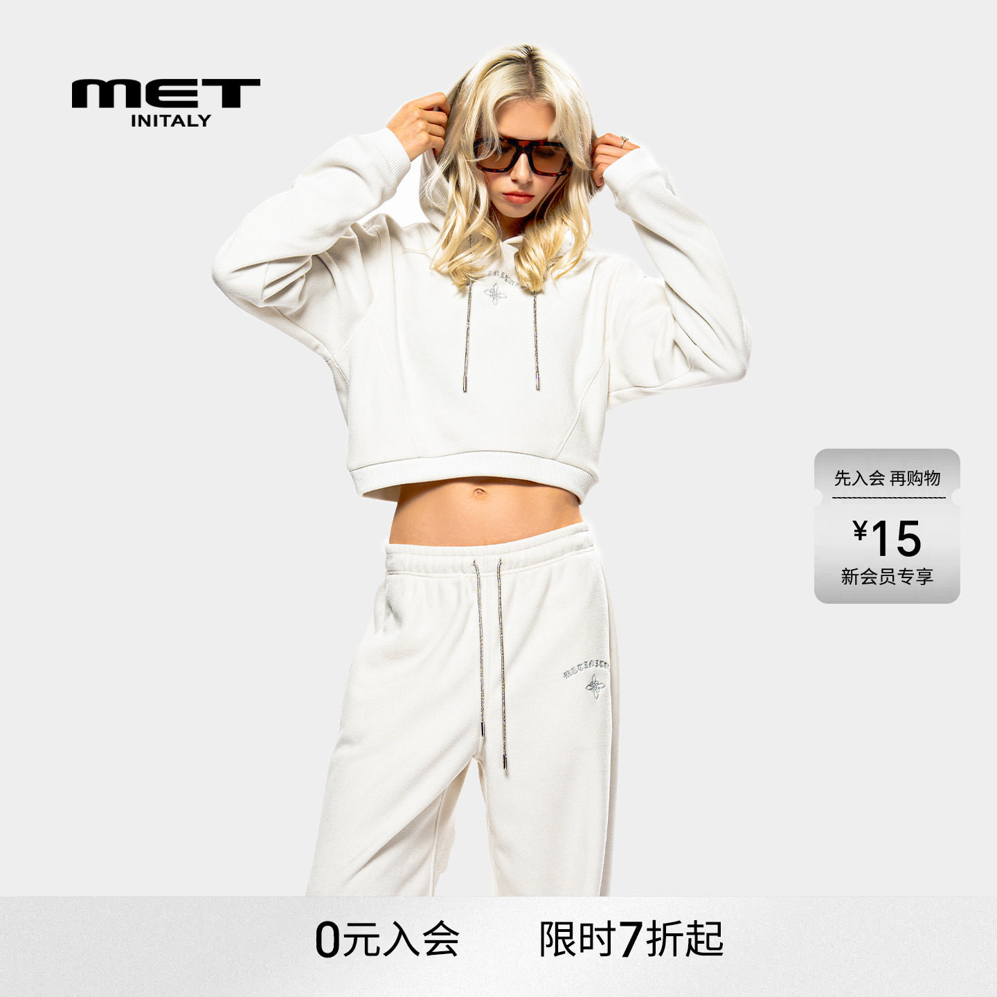 MET initaly麦特美式复古连帽短卫衣女早春新款休闲百搭上衣