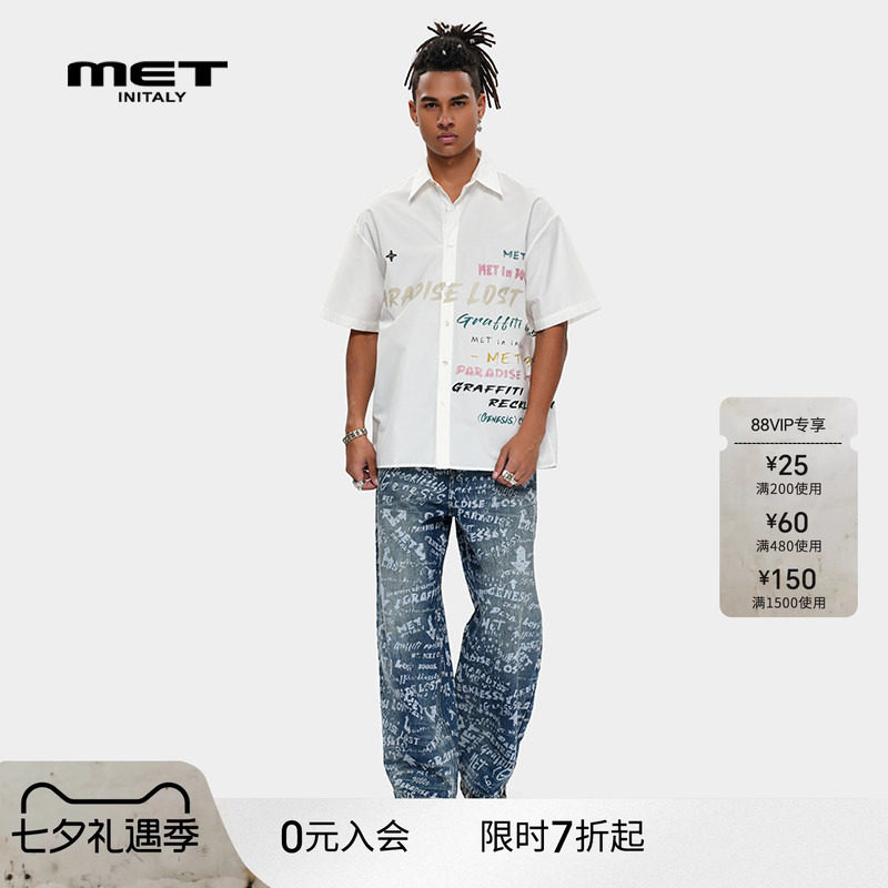 MET initaly美式复古风字母印花做旧牛仔裤夏季新款裤子男