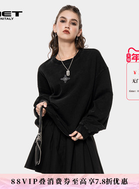 MET initaly酷感简约风黑色圆领卫衣女宽松套头长袖上衣潮牌百搭
