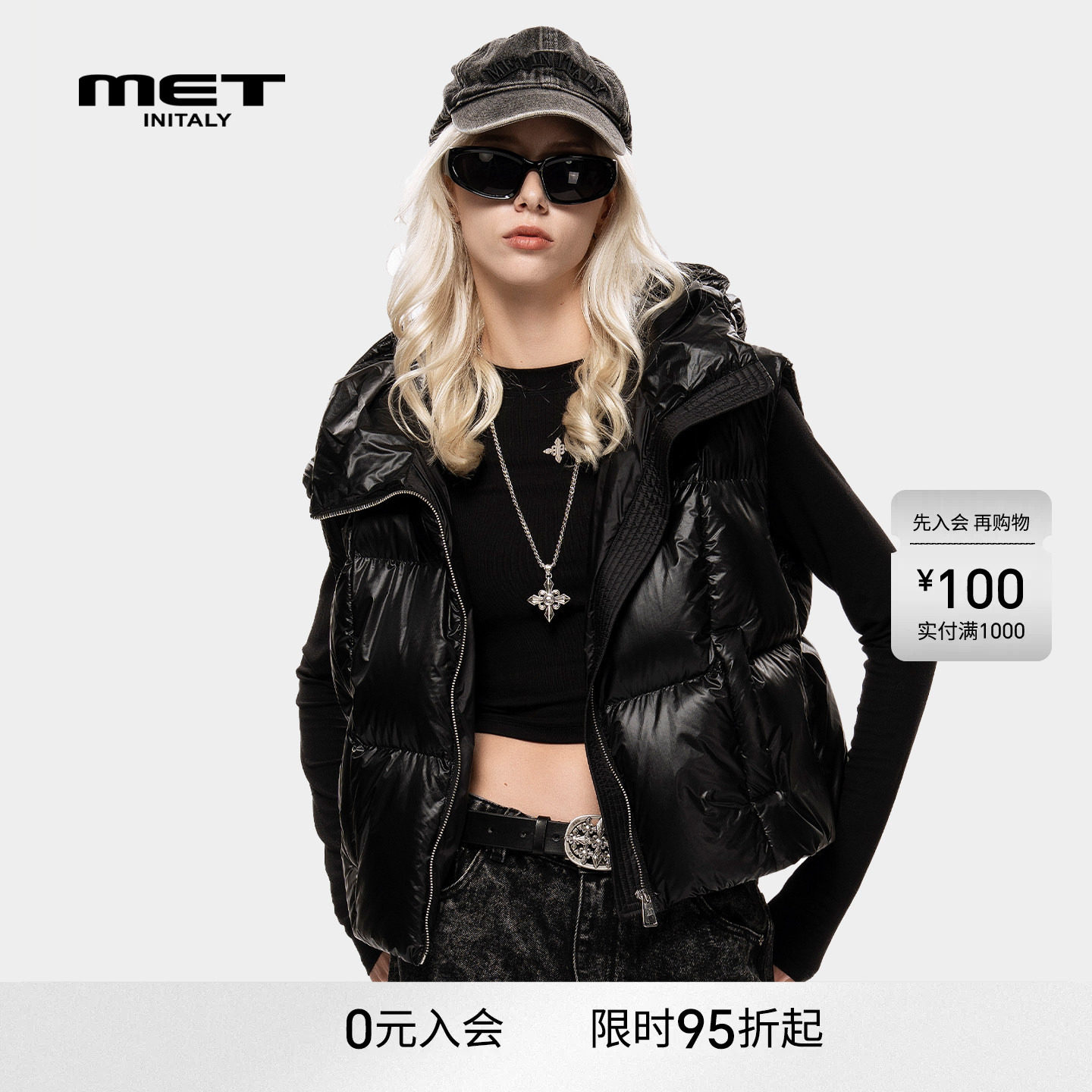 MET initaly麦特时尚潮流冬季新款连帽羽绒马甲女黑色保暖背心