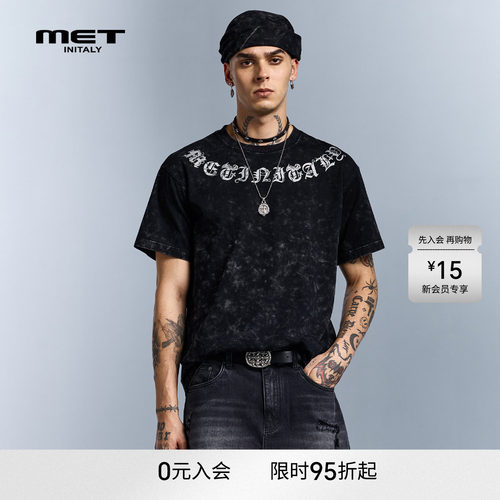 MET initaly早春美式复古做旧短袖T恤男黑色字母印花宽松潮流上衣