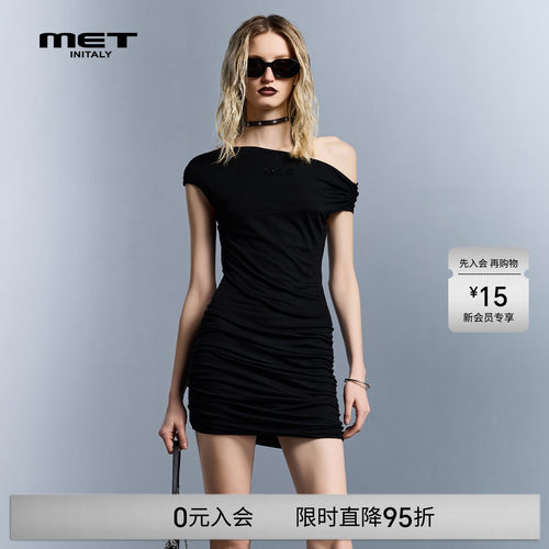MET initaly夏季御姐风斜肩连衣裙女黑色收腰显瘦包臀短裙气质裙