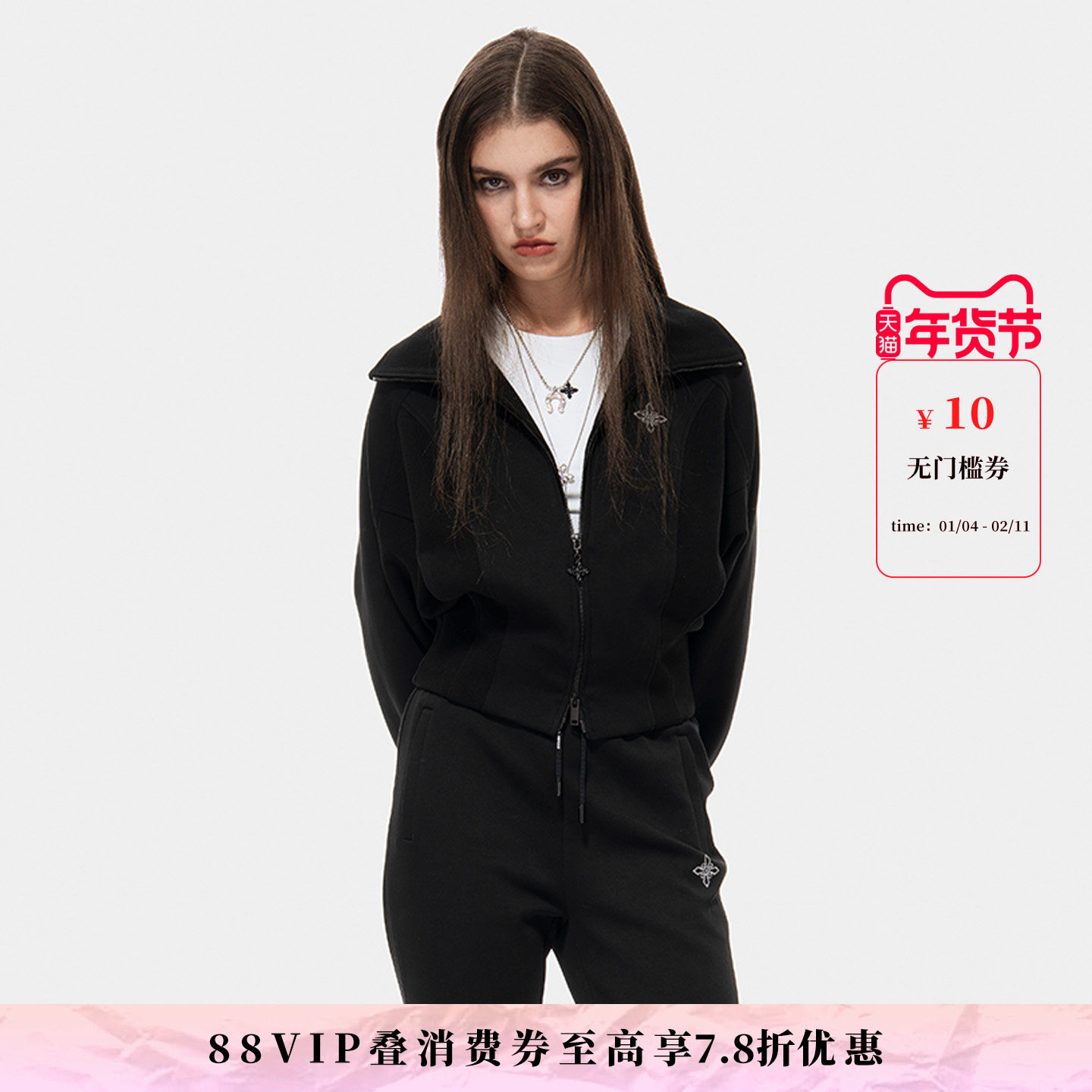 MET initaly休闲风连帽拉链卫衣女春季新款黑色潮牌运动短外套