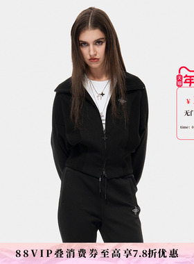 MET initaly休闲风连帽拉链卫衣女春季新款黑色潮牌运动短外套