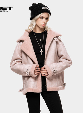 MET initaly欧美风粉色短款外套女冬季新款翻领拉链保暖上衣