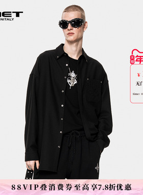 MET initaly休闲风黑色长袖衬衫男春季新款宽松潮流翻领衬衣