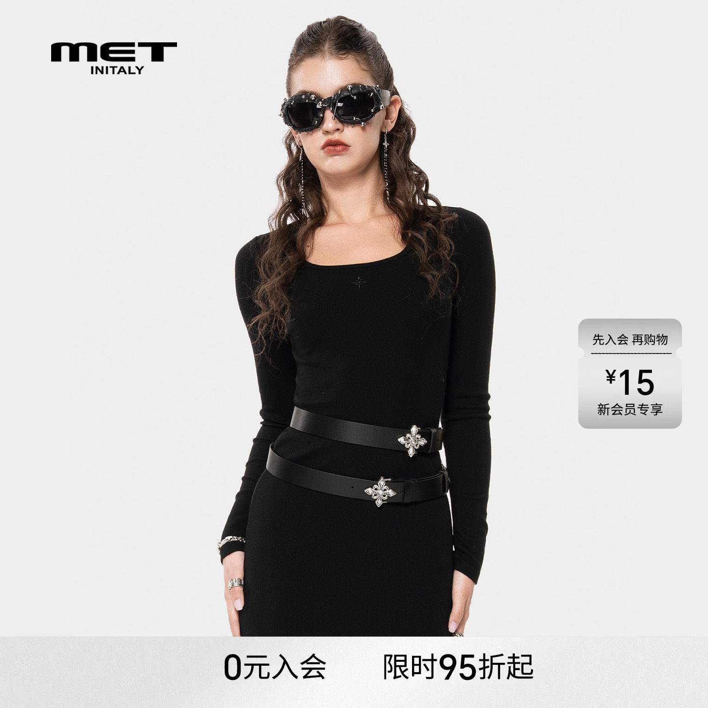 MET initaly轻熟御姐风黑色长袖连衣裙女收腰修身装饰设计感裙子