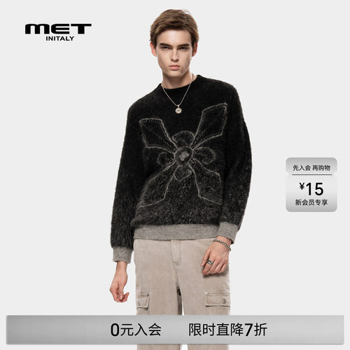 MET initaly黑色蝴蝶结图案圆领针织衫男冬季新款毛衣潮牌休闲